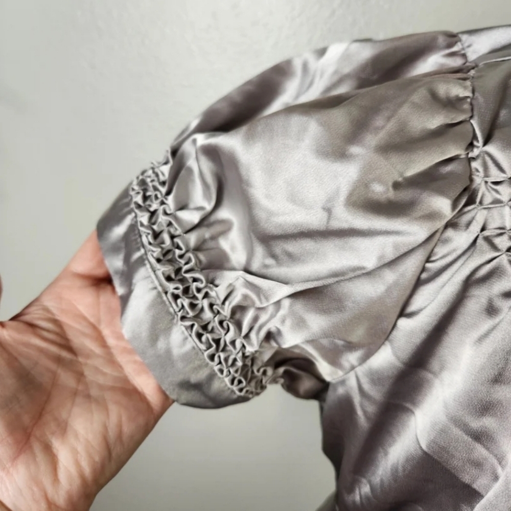 Attention Y2K Pewter Metallic Puff Sleeve Tie Neck Botton Up Blouse Size Large - Picture 5 of 8